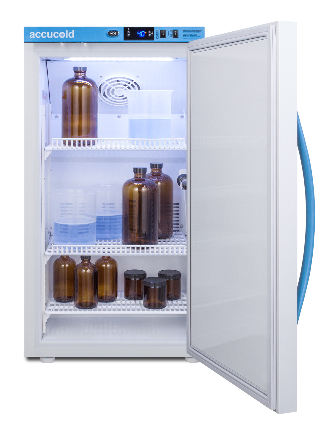 Performance series Med-Lab 3 cu.ft. counter height all-refrigerator for laboratory storage with factory-installed data logger, hospital grade cord with 'green dot' plug, and antimicrobial silver-ion handle